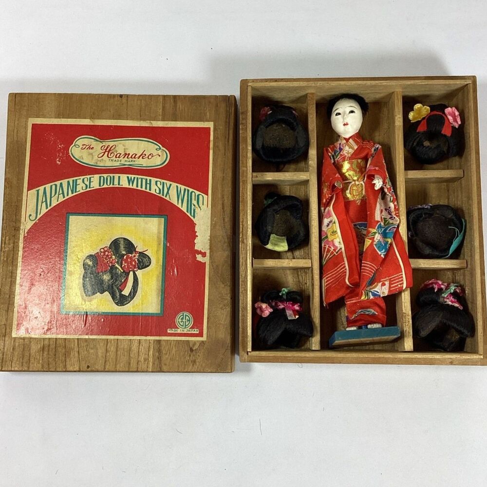 Hanako Antique Japanese Wig Doll Set In Original Wood Box